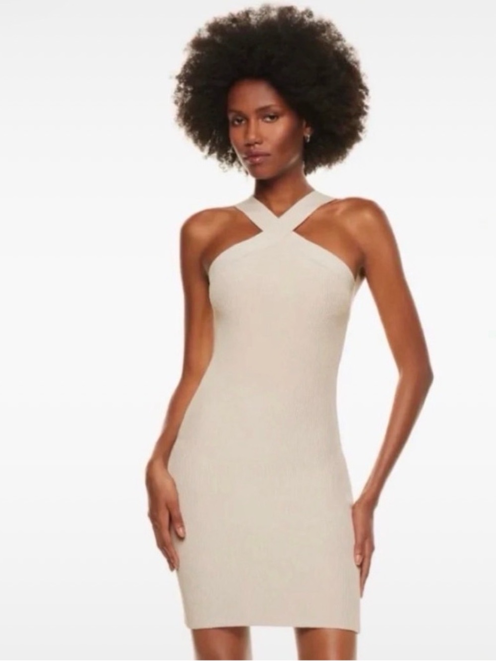 Aritzia Babaton Sculpt Knit Criss Cross Halter Mini Dress in Cream- Size S
